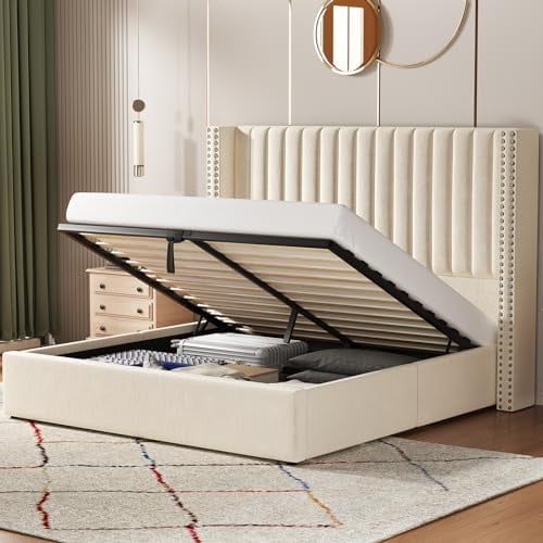 VanAcc Lift up Storage Bed Frame Queen Size, Upholstered Platform Bed Velvet with Channel Tufted Wingback Headboard, No Box Spring Needed, Cream