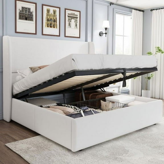 VanAcc Lift up Storage Bed Queen Size Upholstered Platform Bed Frame, Modern Wingback Headboard, No Box Spring Needed, White