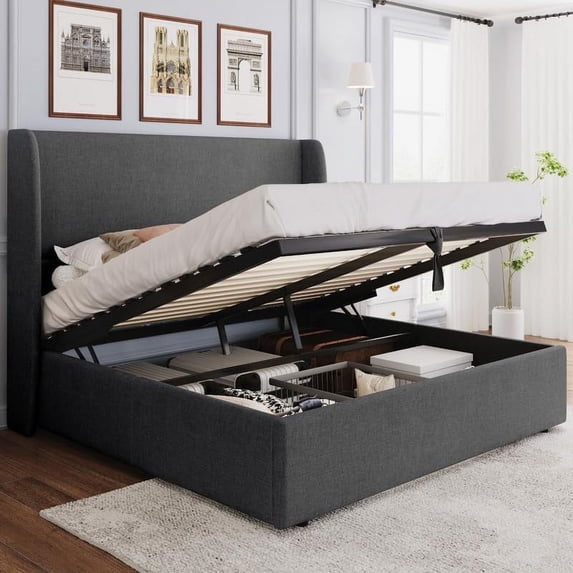 VanAcc Lift up Storage Bed Queen Size Upholstered Platform Bed Frame, Modern Wingback Headboard, No Box Spring Needed, Dark Grey