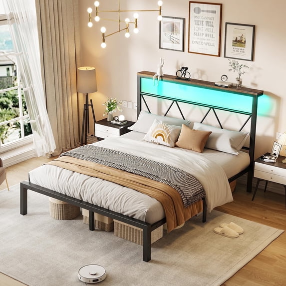 VanAcc Metal Bed Frame with LED Lights Platform Storage Shelf, Full, Vintage Modern Style, Black