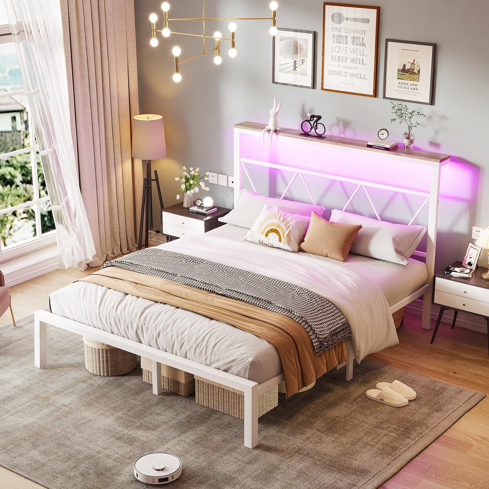 VANACC Metal Bed Frame with LED Lights Platform Storage Shelf, Queen ...