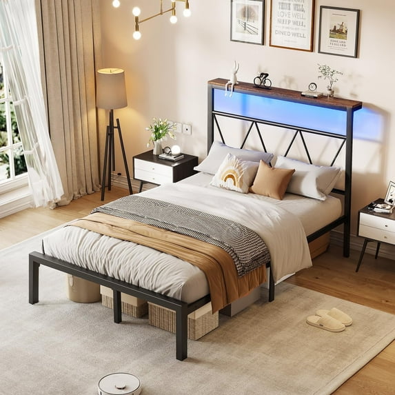 VanAcc Metal Bed Frame with LED Lights Platform Storage Shelf, Twin, Vintage Modern Style, Black