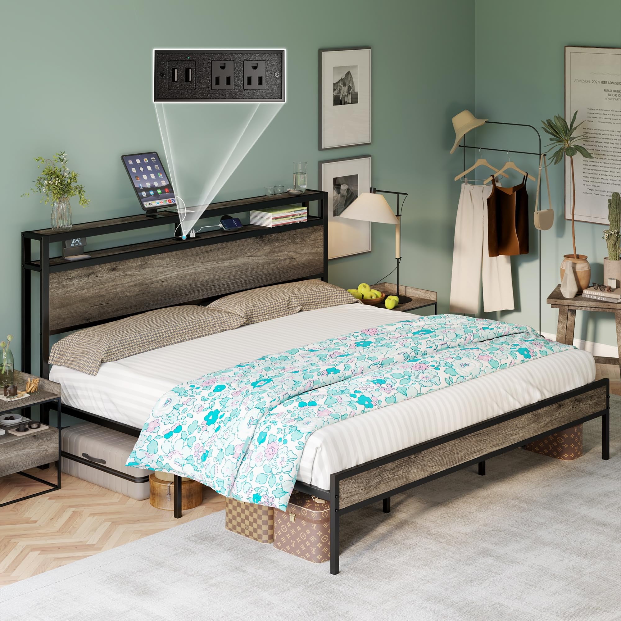 VanAcc Metal King Size Bed Frame with 2-Tier Storage Headboard and Charging Station, Rustic Grey