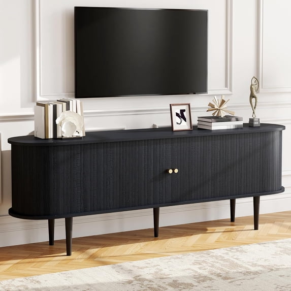 VANACC Mid Century Modern TV Console, 70" Tambour Door Cabinet with Wood Legs for Living Room, Black