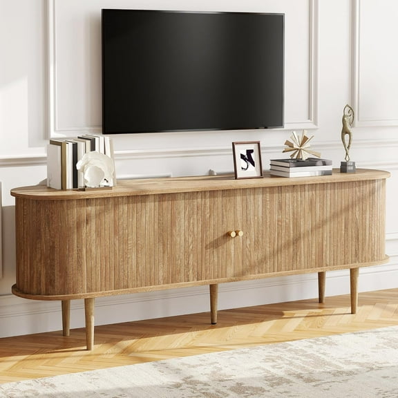 VANACC Mid Century Modern TV Console, 70" Tambour Door Cabinet with Wood Legs for Living Room, Brown