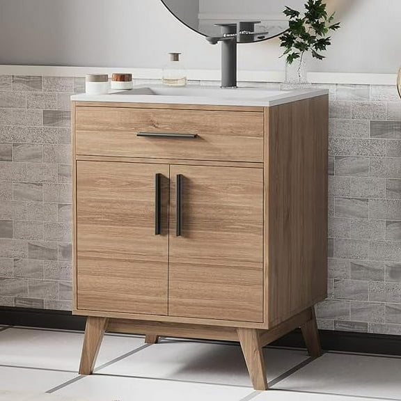 VanAcc Mid-Century Small Bathroom Vanity with Sink, 25" Floor Standing Bathroom Vanity Storage Cabinet, Single Hole Acrylic Countertop, Brown