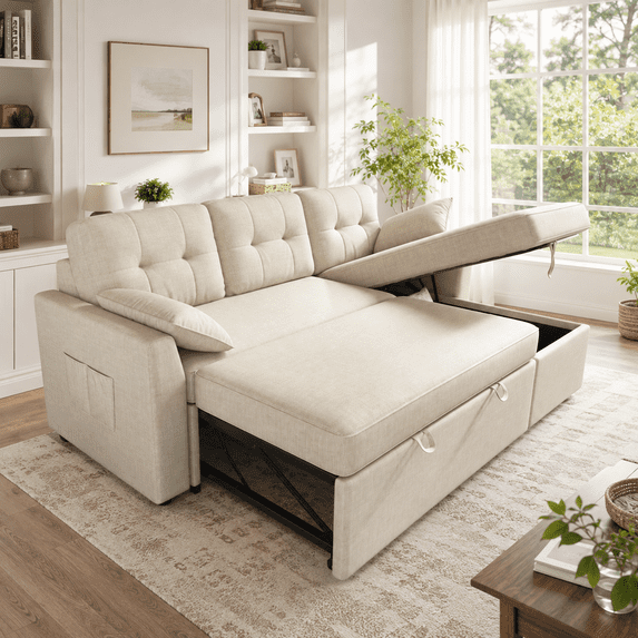 VANACC Sectional Sofa Bed with Storage and Soft Seat ,Reversible Pull Out Couch for Living Room,Beige
