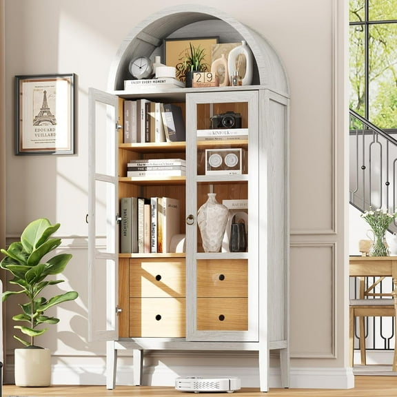 VANACC Modern 71” Arched Storage Cabinet with Glass Doors and Drawers, Adjustable Shelves, White