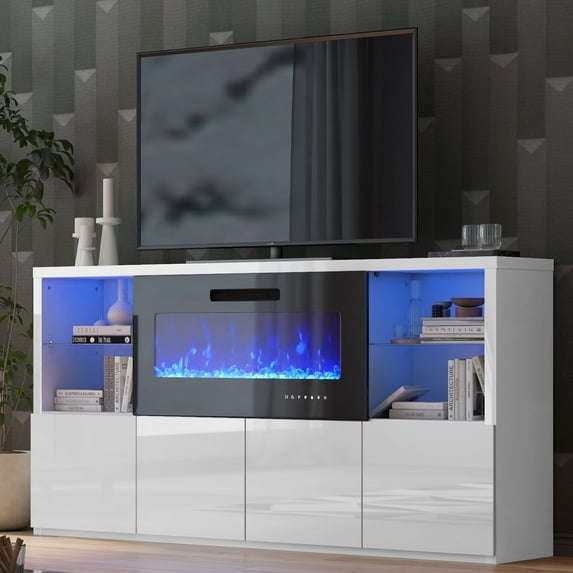 VANACC Modern High Gloss 68in Fireplace TV Stand for TVs up to 78in TV, White