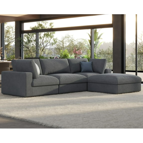 VanAcc Modular Sectional Sofa, 114" Down Filled Sectional Sofa, 4 Seats L Shaped Sofa with Chaise, Ottoman, Oversized Cloud Couch, Grey Linen