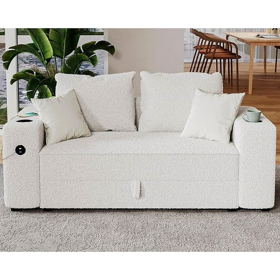 VanAcc Modular Sectional Sofa, Sofa Couch with 2 USB Ports & Cup Holders, Loveseat Couch with Storage, Sectional Couch White Boucl