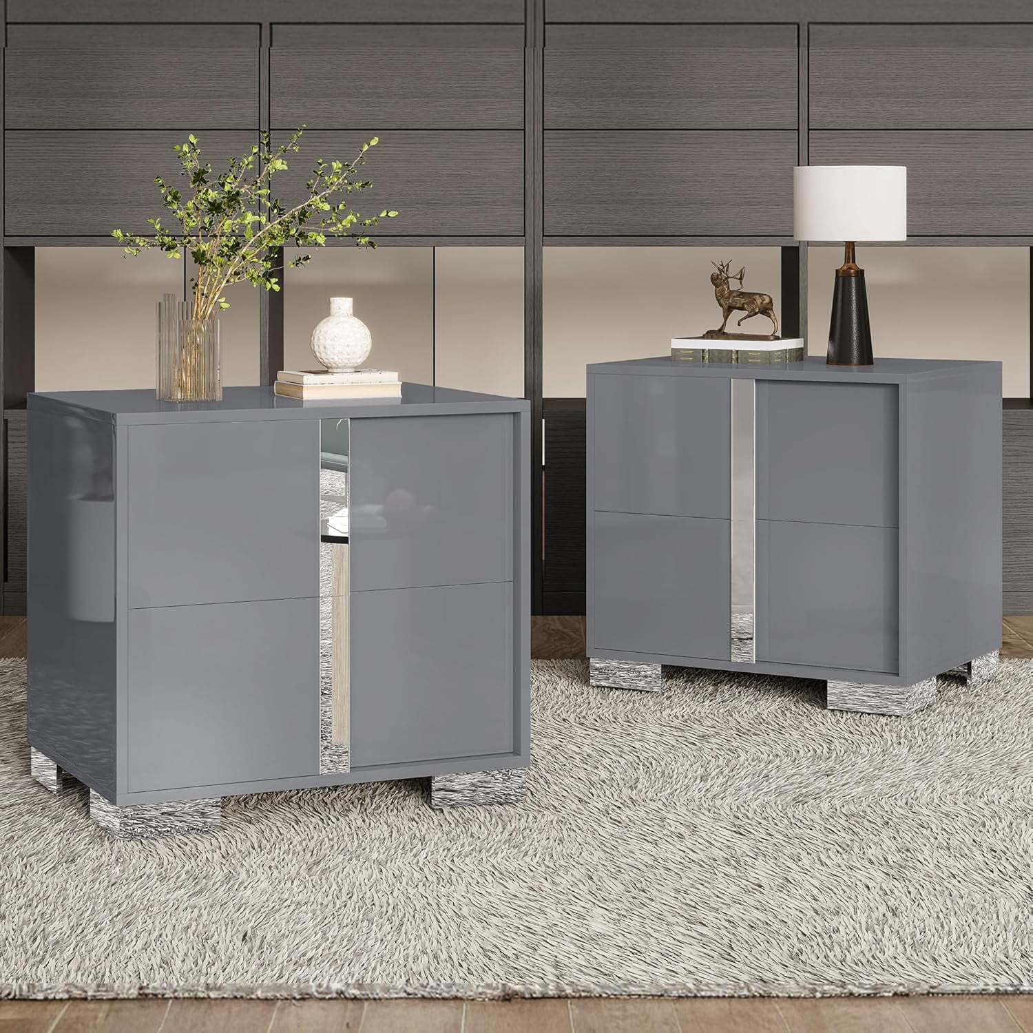 VanAcc Nightstand Set of 2 with Drawers & High Gloss UV Finish,Storage End Tables for Bedroom,Grey