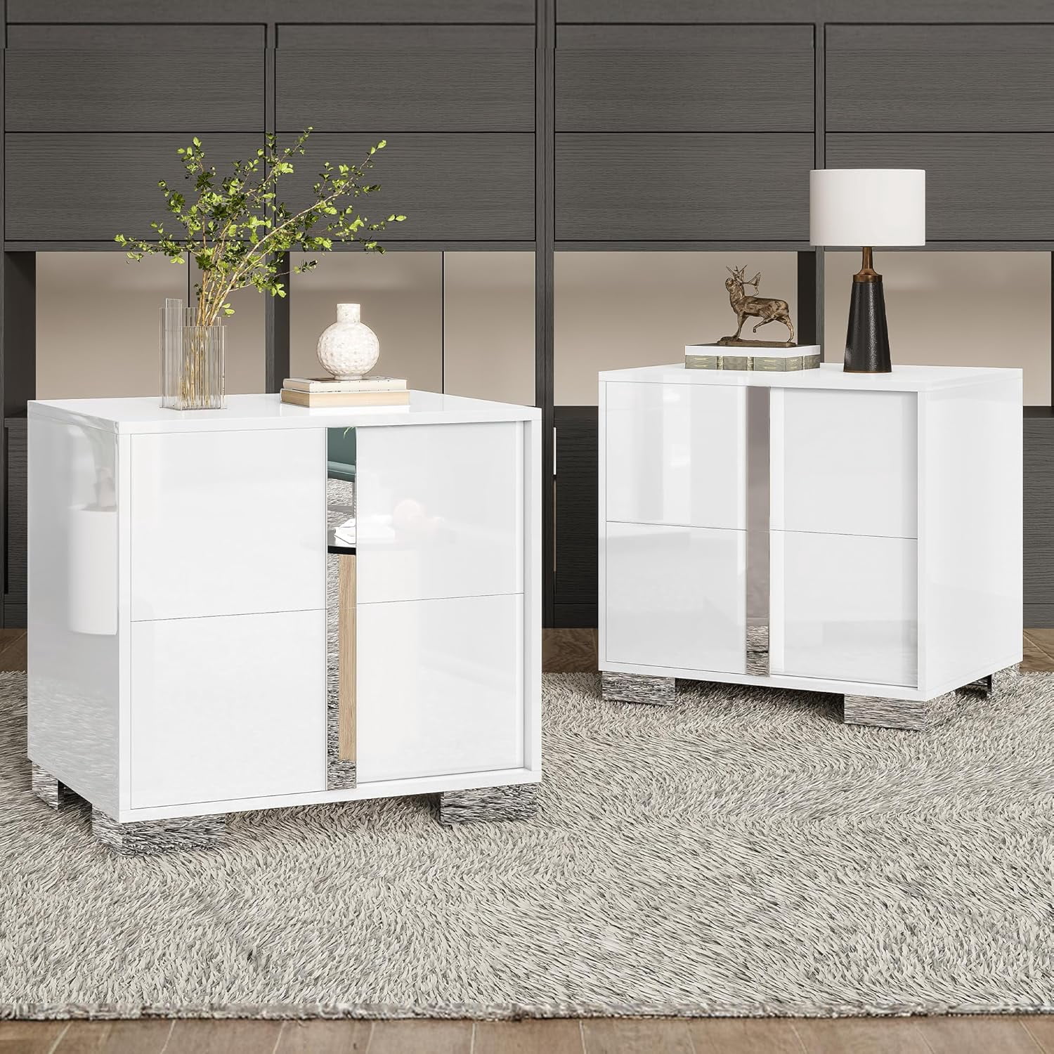 VanAcc Nightstand Set of 2 with Drawers & High Gloss UV Finish,Storage End Tables for Bedroom,White
