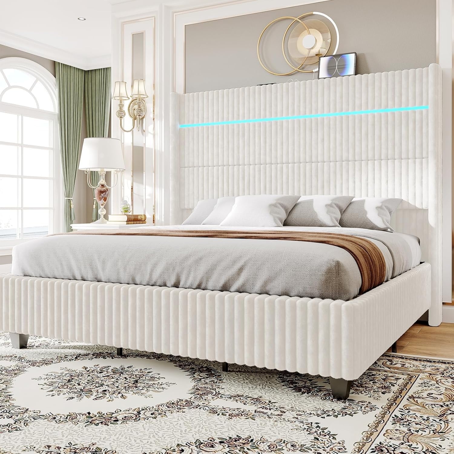 VanAcc Queen Bed Frame with LED Lights Charging Station, Corduroy Upholstered Platform Bed Frame with 60" Tall Wingback Headboard/White