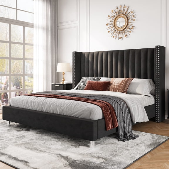 VanAcc Queen Bed Frame Tall Headboard Upholstered Wingback Bed with Vertical Channel Tufted Velvet/No Box Spring Needed/Easy Assembly/Black
