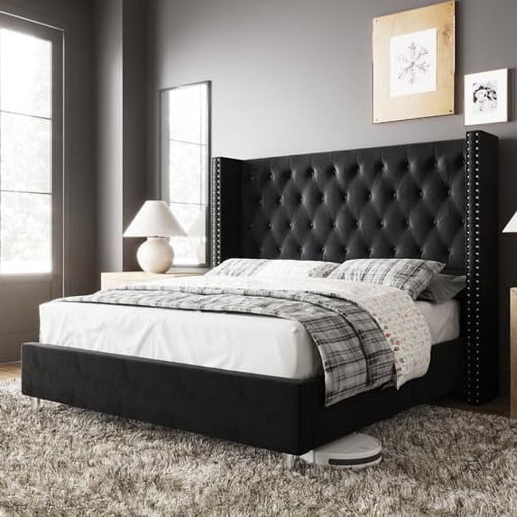 VanAcc Queen Bed Frame Upholstered Bed Wingback Headboard Velvet Tufted Diamond Button/No Box Spring Needed/Easy Assembly/Black