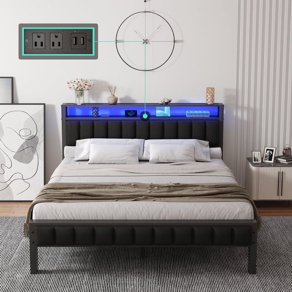 VanAcc Queen Bed Frame with 2 Storage Drawers, LED Lights, Black