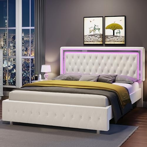 Cream Queen Velvet Upholstered Bed with LED Headboard