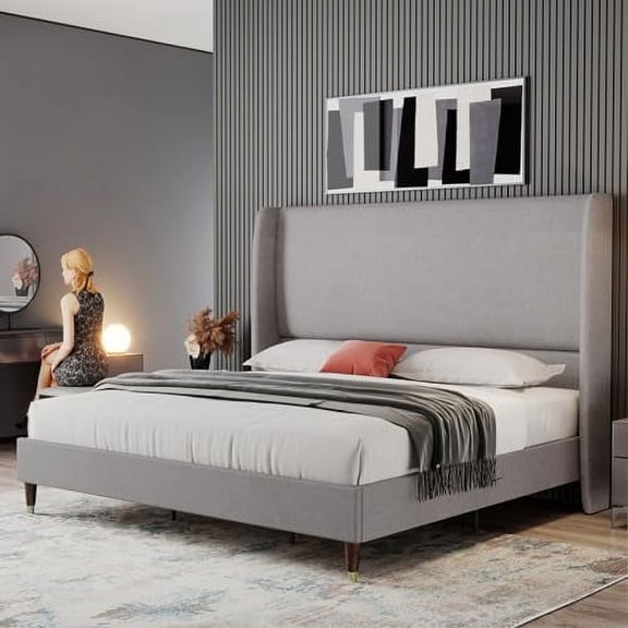 VanAcc Queen Platform Bed Frame 51.2" High Headboard Linen Tall Upholstered Bed/No Box Spring Required/Wood Slat Support/Easy Assembly Light Grey