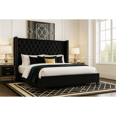 VanAcc Queen Platform Bed Frame 61.4" Handmade Headboard Velvet Tall Upholstered Bed Deep Button Tufted/Wood Slat Support/Easy Assembly/Black