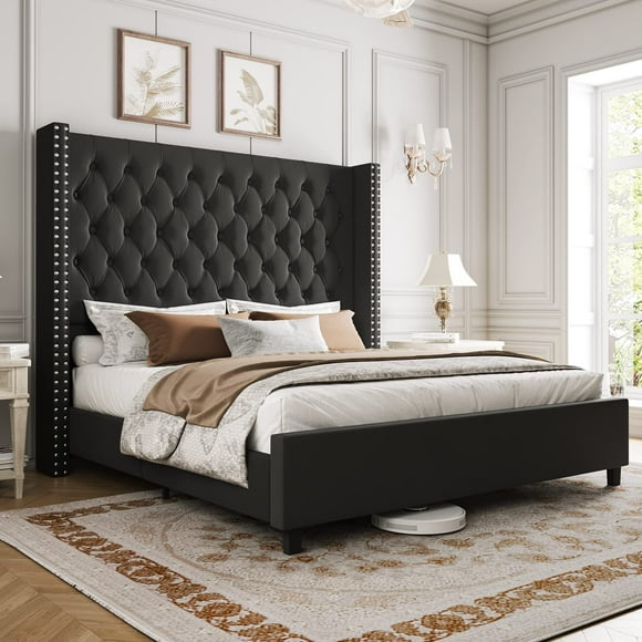VANACC Queen Platform Bed Frame 61.4" Handmade Headboard Velvet Tall Upholstered Bed Deep Button Tufted/No Box Spring Required/Wood Slat Support/Easy Assembly/Black
