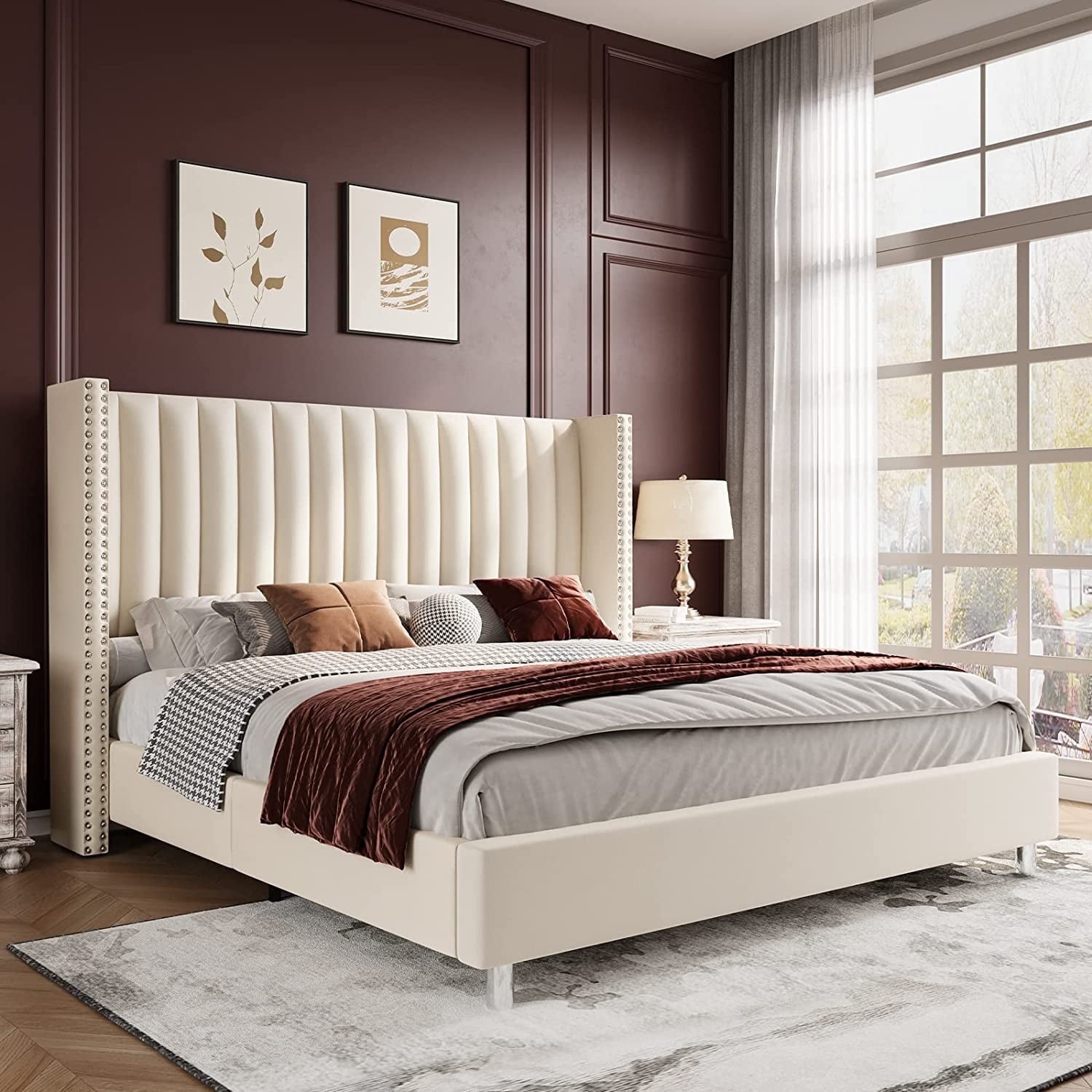 VanAcc Queen Platform Bed Frame Tufted Upholstered with Raised Wingback Headboard Velvet, Wood Support/Easy Assembly/Cream