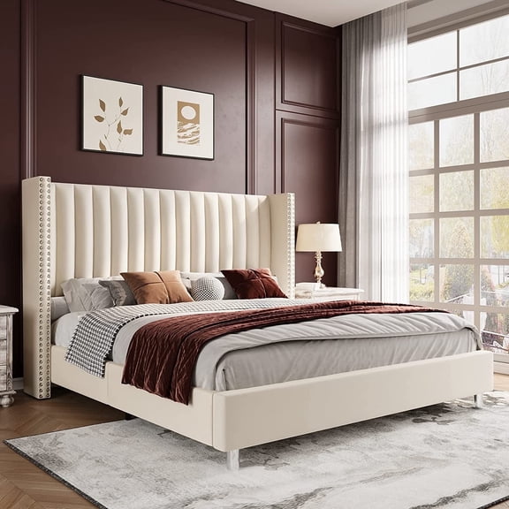 VanAcc Queen Platform Bed Frame with Wingback Headboard, Velvet Upholstered, Cream