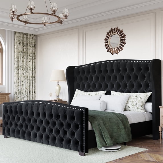 VanAcc Queen Platform Bed Frame with Wingback Headboard, Black