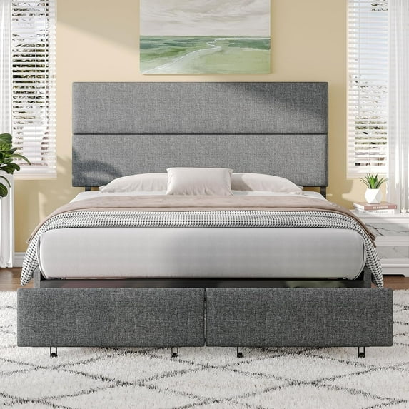 VanAcc Queen Size 47.6" Upholstered Bed Frame with 2 Drawers, Linen Platform Bed with Height Adjustable Headboard/No Box Spring Needed/Light Grey
