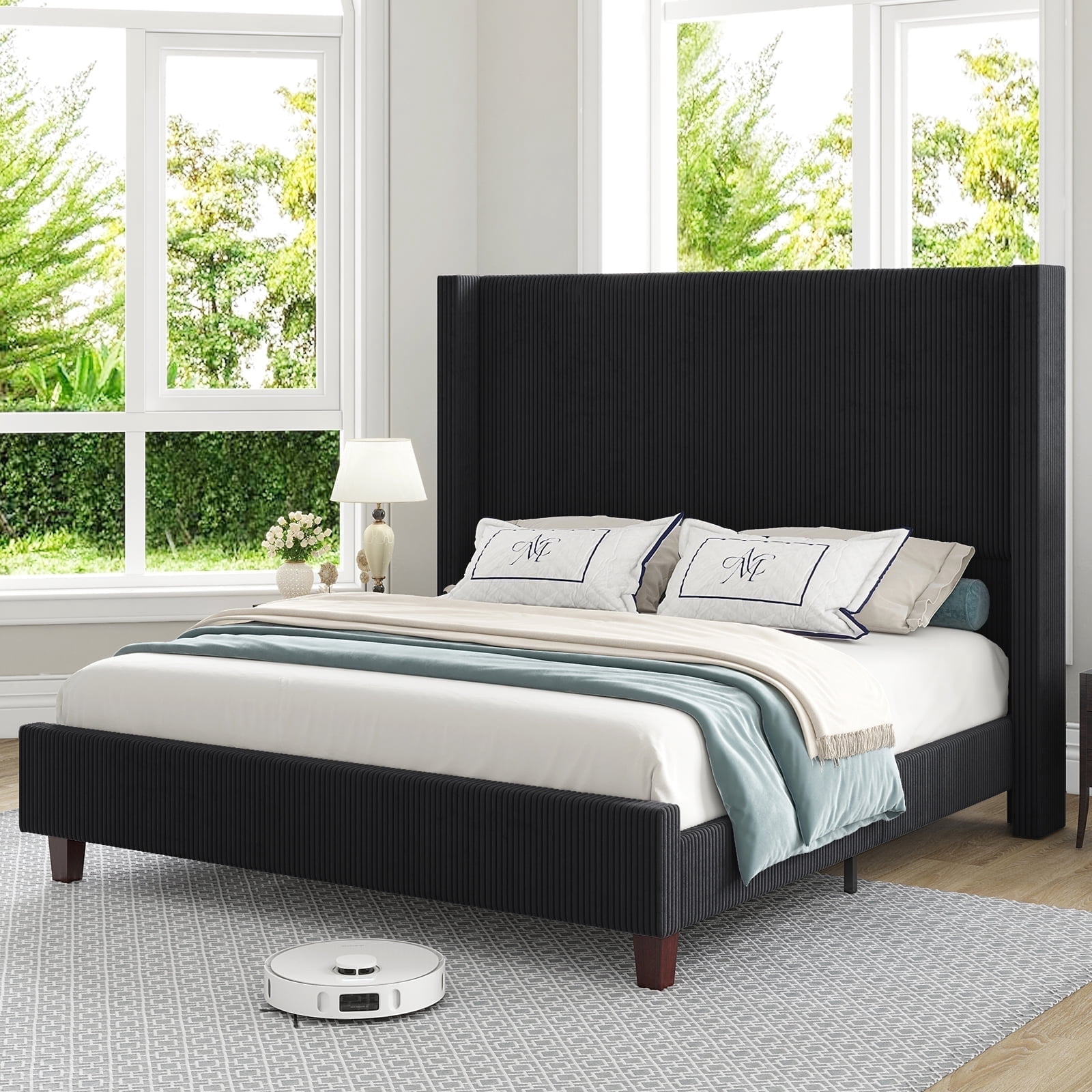 VanAcc Queen Size 61" Corduroy Upholstered Bed Frame with Vertical Stripe Wingback Headboard/Black
