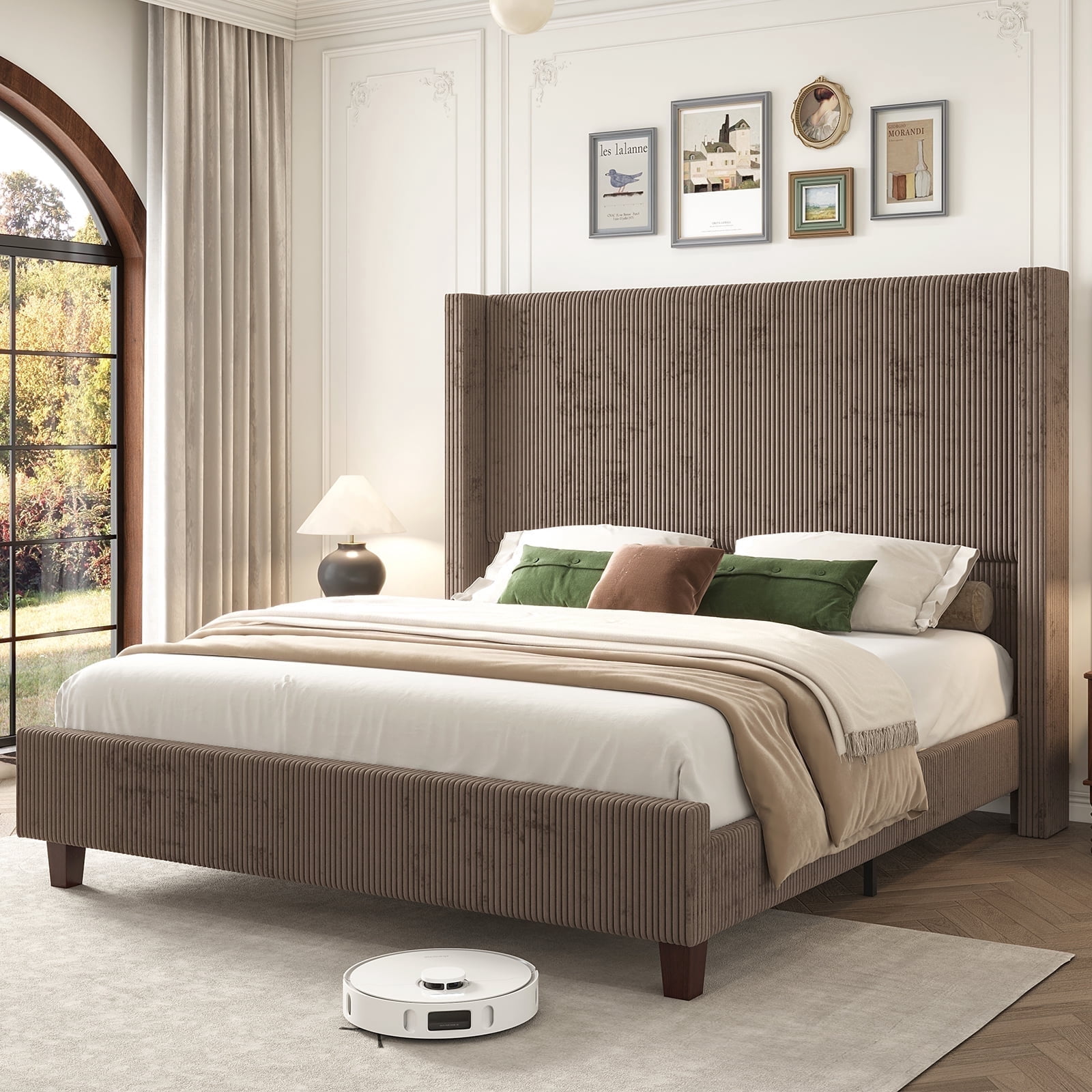VanAcc Queen Size 61" Corduroy Upholstered Bed Frame with Vertical Stripe Wingback Headboard/Brown