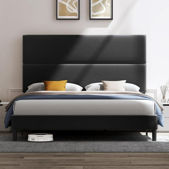 VanAcc Queen Size Bed Frame with Adjustable Headboard, Linen Upholstered Platform Bed/Strong Wood Slats Support/Easy Assembly/Noise-Free/Black