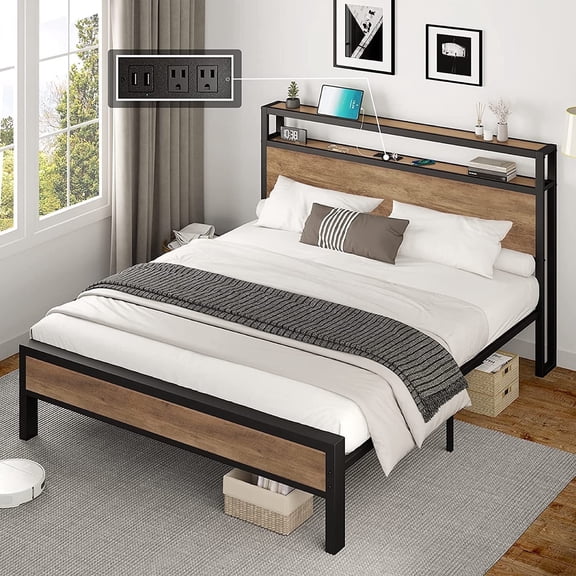 VANACC Queen Size Bed Frame Industrial Platform Bed with Charging Station, 2-Tier Storage Headboard/ No Box Spring Needed/ Noise-Free/ Rustic Brown