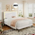 thumbnail image 1 of VanAcc Queen Size Bed Frame with LED Headboard, Linen Button Tufted Upholstered Platform Bed with USB Charging Station, Slats Support, White, 1 of 7
