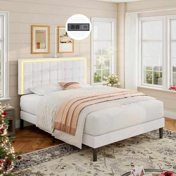 VanAcc Queen Size Bed Frame with LED Headboard, Linen Button Tufted Upholstered Platform Bed with USB Charging Station, Slats Support, White