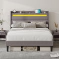 thumbnail image 1 of VanAcc Queen Size Bed Frame with RGBW LED Light & Charging Station, 50" High Linen Upholstered Platform Bed with 2-Tier Storage Headboard, Light Grey, 1 of 7