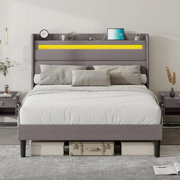 VanAcc Queen Size Bed Frame with RGBW LED Light & Charging Station, 50" High Linen Upholstered Platform Bed with 2-Tier Storage Headboard, Light Grey