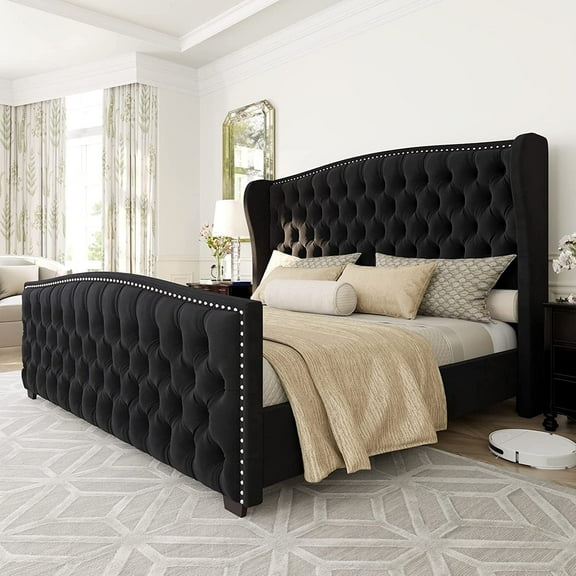 VanAcc Queen Size Bed Frame, Velvet Upholstered Bed with Deep Button Tufted Wingback Headboard, Black