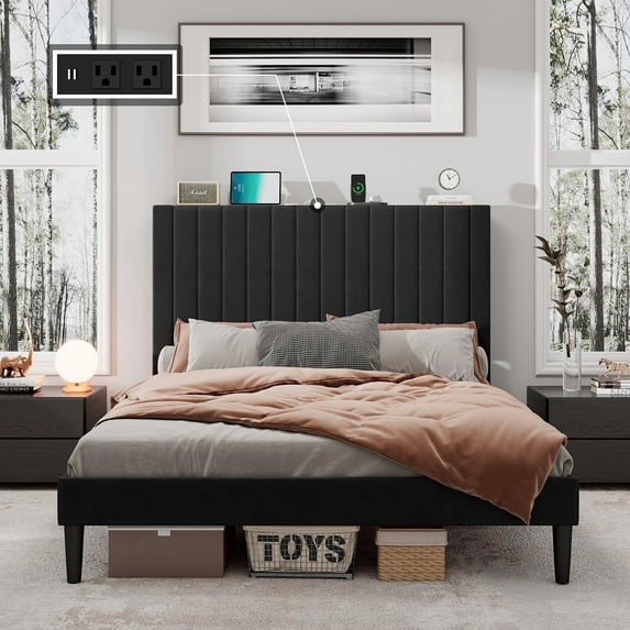 VanAcc Queen Size Bed Frame Velvet Upholstered Tufted Headboard with Charging Station, Black