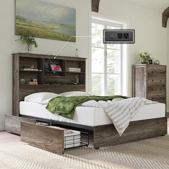 VanAcc Queen Size Bed Frame Wooden Platform Bed with 51.2" Storage Bookcase Headboard, 4 Storage Drawers & Charging Station/Noise Free/Rustic Grey