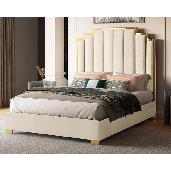 VanAcc Queen Size Bed Frame and 61" Headboard, Upholstered Bed with Golden Plating Trim, Cream