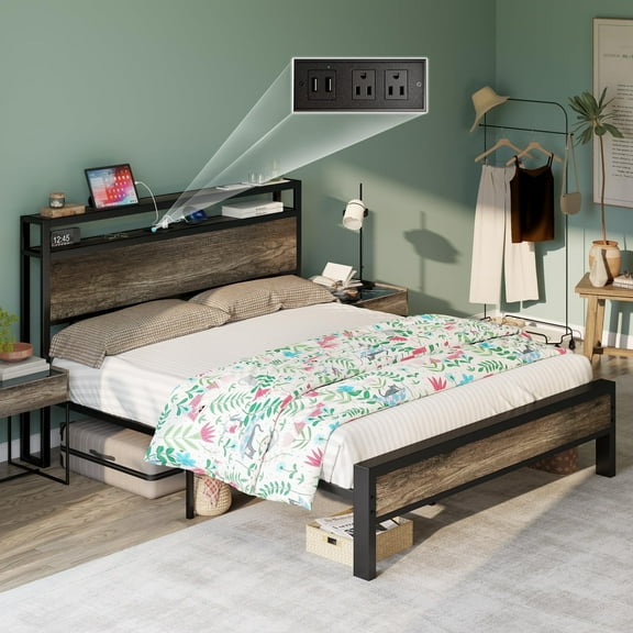 VanAcc Queen Size Bed Frame with 2-Tier Metal Storage Headboard and Charging Station, Rustic Grey