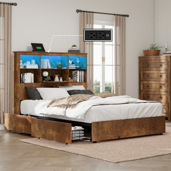 VanAcc Queen Size Bed Frame with LED Bookcase Headboard, Wooden Storage Bed with Charging Station & 4 Drawers, Rustic Brown