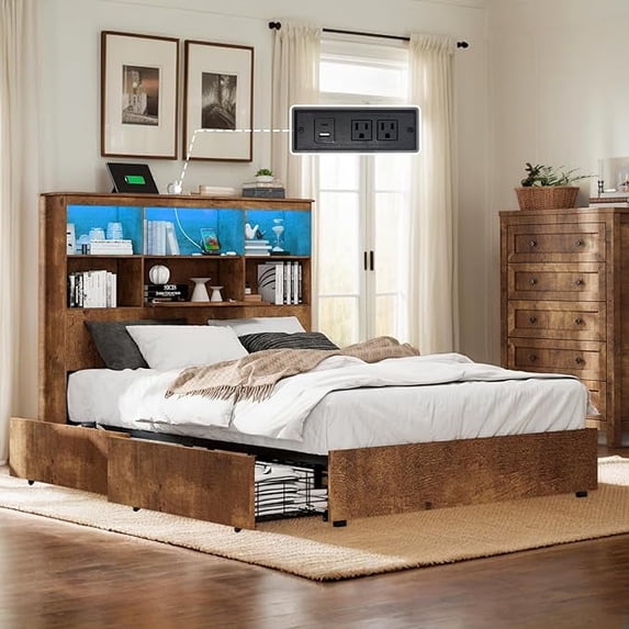 VanAcc Queen Size Bookcase Bed Frame with LED Headboard and 4 Drawers ...