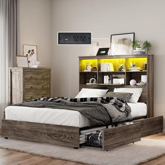 VanAcc Queen Size Bookcase Bed Frame with LED Headboard and 4 Drawers ...