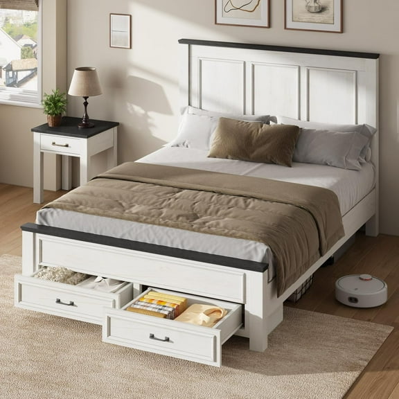 VanAcc Queen Size Farmhouse Bed Frame with 52.2" Wood Headboard & Storage Drawers, Rustic White