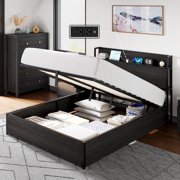 VanAcc Queen Size Lift up Storage Bed Frame, Wooden Platform Bed Frame with Lifting Storage & Charging Station, No Spring Box Needed/Noise Free, Black