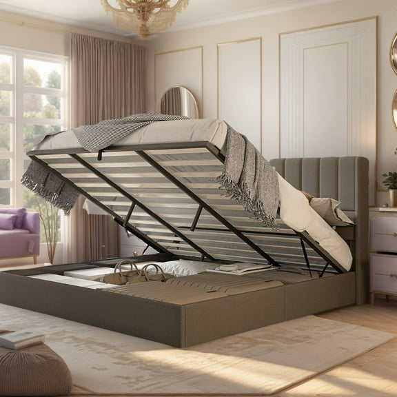 VanAcc Queen Size Lift up Storage Bed, Linen Upholstered Platform Bed with Vertical Tufted Headboard and Wingback, Wood Slats Support, Dark Grey