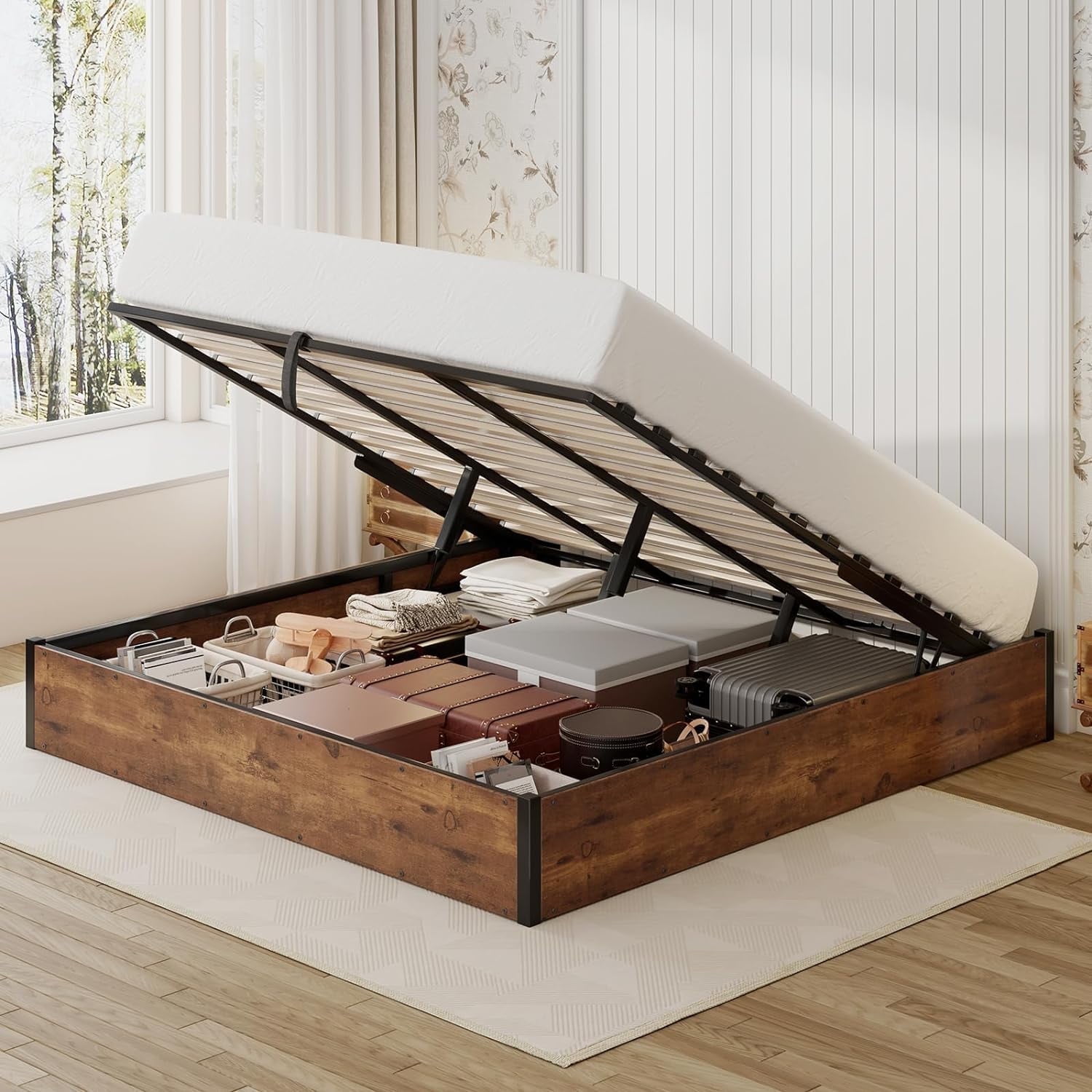 VANACC Queen Size Lift Up Storage Platform Bed Frame, Metal Bed Frame with Wooden Slats Support, No Box Spring Needed, Large Storage Space, Noise Free, Easy Assembly, Rustic Brown