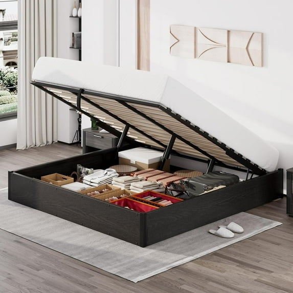 VanAcc Queen Size Lift Up Storage Platform Bed Frame, Metal Bed Frame with Wooden Slats Support, Large Storage Space, Noise Free, Easy Assembly, Black